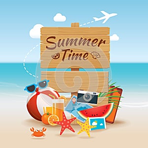 Summer time background banner design template and wooden sign se