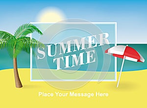 Summer time background. Palm tree and sun umbrella on the beach. Vector illustration for banners and promotions.