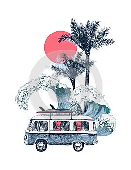 Summer time background with retro bus, palms and sea waves