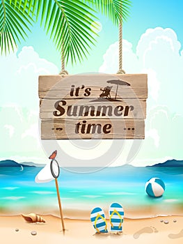 Summer Time on background seascape, beach, waves with realistic objects. Vector Illustration