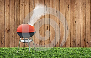 summer time in backyard garden with grill BBQ, wooden fence background, 3D illustration
