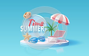 Summer time banner, beach umbrella with lounger for relaxation, sunglasses, seaside vacation scene. Vector illustration