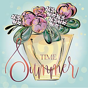 Summer time banner with beautiful flower bouquet, luxury hand drawn vector illustration clipart