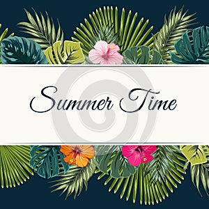 Summer time banner hibiscus palm leaves blue black