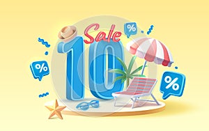 Summer time banner sale 10 Percentage, beach umbrella with lounger for relaxation, sunglasses, seaside vacation scene