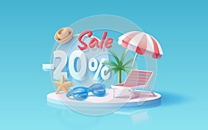 Summer time banner sale 20 Percentage, beach umbrella with lounger for relaxation, sunglasses, seaside vacation scene