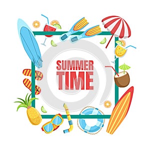 Summer Time Banner Template with Tropical Beach Elements, Exotic Summer Holidays Season Vector Illustration