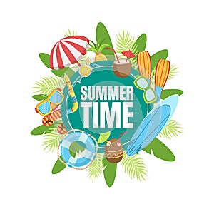 Summer Time Banner Template with Tropical Beach Elements, Summer Holidays Season Vector Illustration