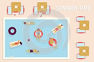 Summer time banner, top view. People swims in water on inflatable rings and air mattress. Pool party. Sun umbrellas and deck