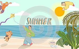 Summer time banner with typographic on sky and a man with dog playing a kite on beach