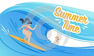 Summer Time Banner with Woman Surfing on Waves