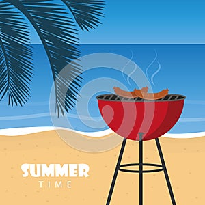 Summer time barbeque on the beach with palm leaf