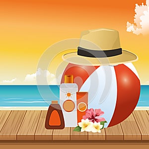 Summer time in beach ball hat sunblock bronzer flowers sea vacations