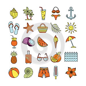 Summer Time in Beach Sea Shore with Objects. Vector Illustration. Collection icons Set Outline Holiday. color sketch