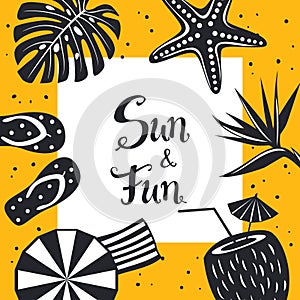 Summer time beach travel frame card background template with black and white decoration, flip flops, umbrella, coconut drink, bird