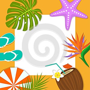 Summer time beach travel frame card background template flip flops, umbrella, coconut drink, bird of paradise flower, flippers,