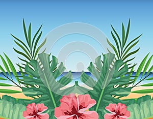 Summer time in beach vacations hibiscus flowers palm tropical leaves