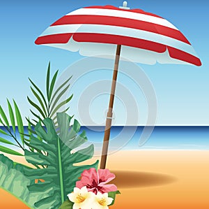 Summer time in beach vacations umbrella flowers leaves tropical sand