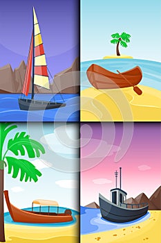 Summer time boat vacation nature tropical beach landscape of paradise island holidays lagoon vector illustration.