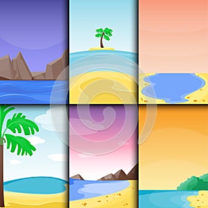 Summer time boat vacation nature tropical beach landscape of paradise island holidays lagoon vector illustration.