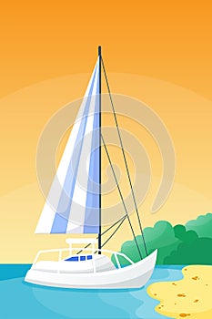 Summer time boat vacation nature tropical beach landscape of paradise island holidays lagoon vector illustration.