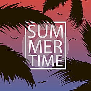 Summer time - card with palm trees leaf, gull and frame. Background for banner, poster, postcard, cover, brochure. Vector.