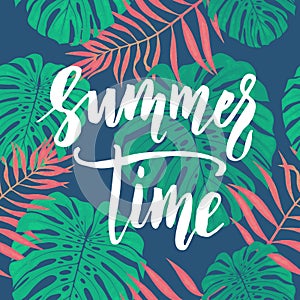 Summer Time card with tropical leaf seamless pattern.