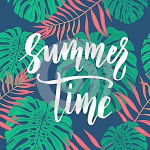 Summer Time card with tropical leaf seamless pattern. photo