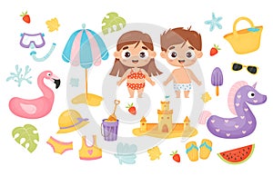 Summer time. Collection cute kids girl and boy with beach accessories and clothes, rubber flamingo, sunshade, sand