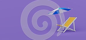 Summer time concept with beach chair and beach umbrella on purple background, 3d rendering