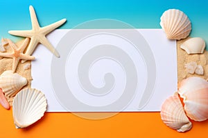 Summer time concept with blank paper on colored background. Seashells, starfishes, beach sand. Generative AI