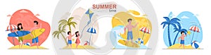 Summer time concept scenes set. Man and woman surfing, children swimming in sea, travel vacation at seaside resort. Collection of