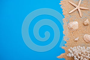 Summer time concept with sea shells and starfish on a blue wooden background and sand