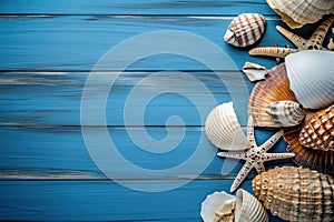 Summer time concept with sea shells and starfish on a blue wooden background and sand with copy space