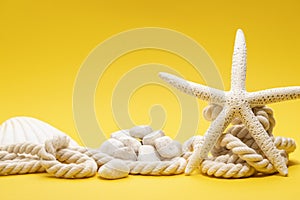 Starfish, shells, stones and rope on a plain yellow background