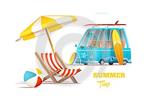 Summer time concept. Surfers van and lounger with umbrella