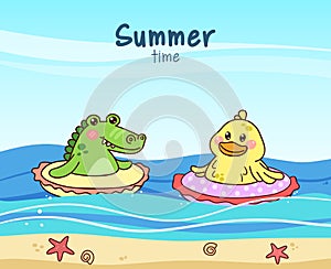 Summer time. Cute duck and crocodile. Kawaii animals swimming in a rubber ring. Vacation on the beach. Colorful vector
