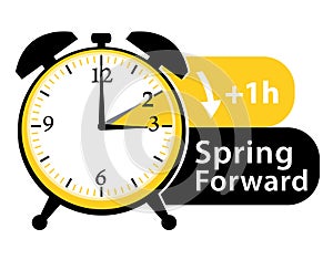 Daylight saving time. Spring forward alarm clock icon. photo