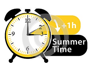 Summer time. Daylight saving time. Spring forward alarm clock icon.