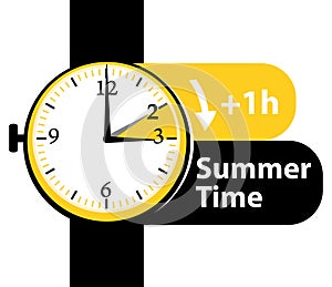 Summer time. Daylight saving time. Spring forward watch icon.