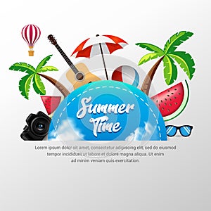 Summer time design background vector with watermelon, camera, glasses, guitar, beach ball and umbrella beach vector