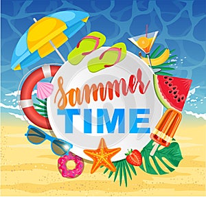 Summer time. Design with white circle for text and colorful beach elements in white background. Banner design.Vector