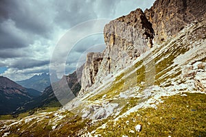 Summer time in Dolomites, Italy. landscape with mountains, clouds and rocks