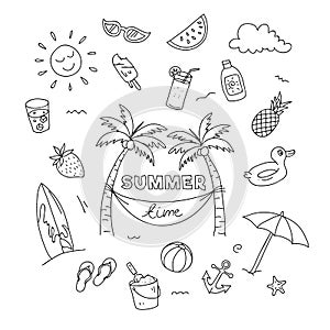 Summer time doodle art with beach holiday object illustration. black white creative hand drawing design.