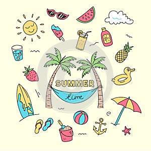 Summer time doodle art with beach holiday object illustration. Full colored creative hand drawing design.