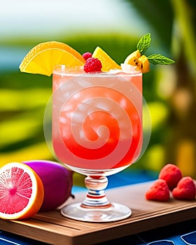 Summer time, exotic cocktails, fruits and sea