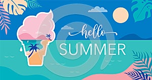Summer time fun concept design. Creative background of landscape, panorama of sea and beach on ice cream. Summer sale
