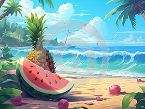 Summer time fun concept design. Creative background of ocean landscape, panorama of sea and beach with water melon and pineapple.