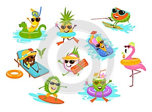 Summer time funny tropical fruits , flamingo , ice cream cartoon characters chilling on the beach pool