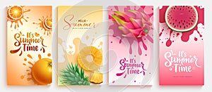 Summer time greeting vector poster set. It\'s summer time greeting text with tropical fruits decoration photo